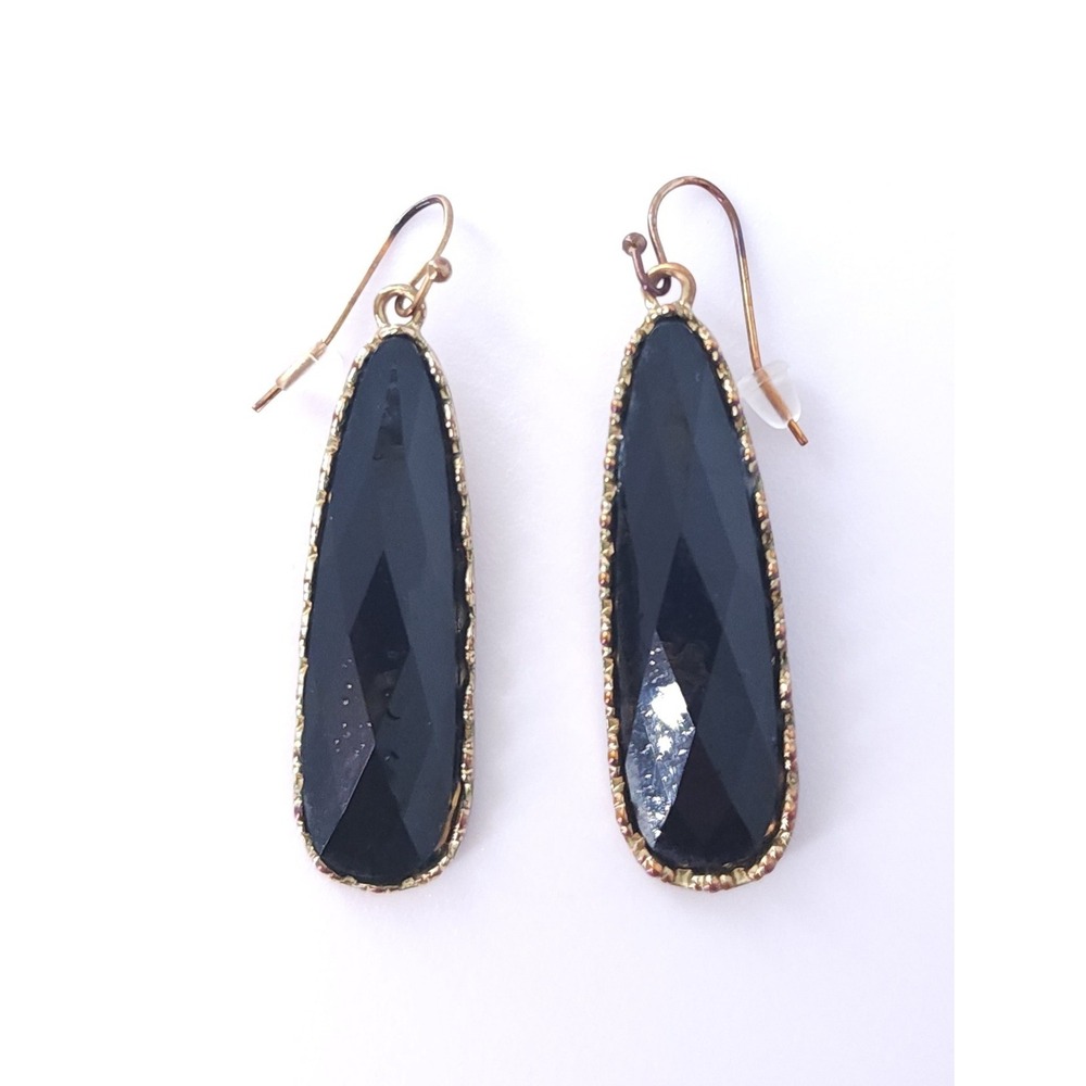 VTG Style Teardrop Dangle Earrings Black Gold Tone Faceted Gothic Classy Evening